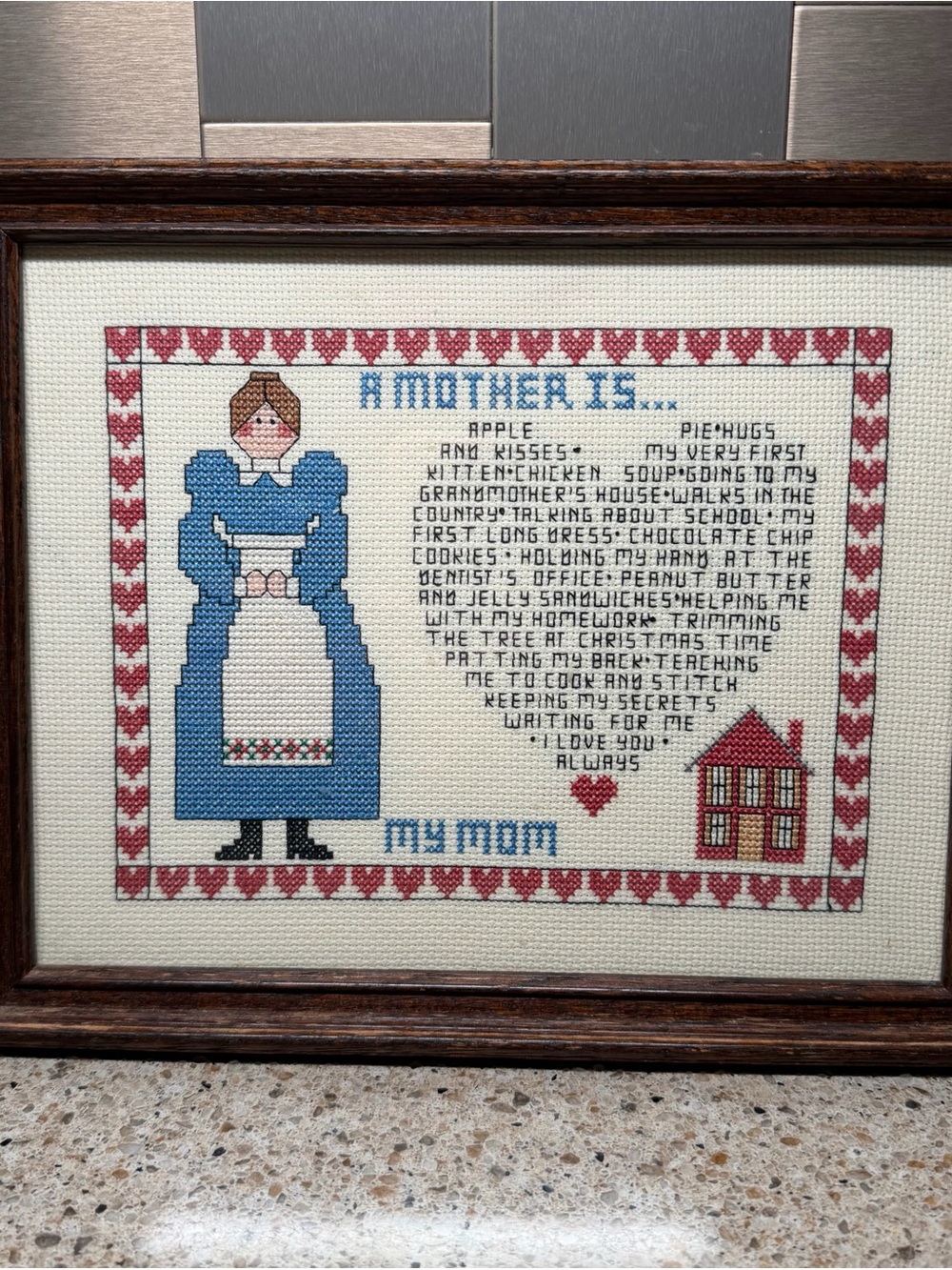 Vintage Framed Cross Stitch “A Mother Is My Mom”Heart Poem Folk Art Wall Decor